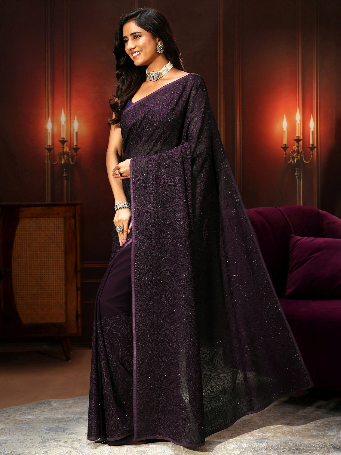 Mameraa Art Aubergine Purple Paisley Embroidered Georgette Saree