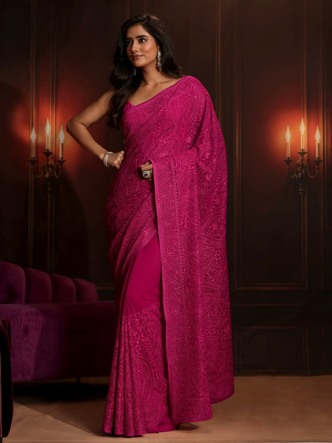 Mameraa Art Rani Pink Paisley Embroidered Georgette Saree