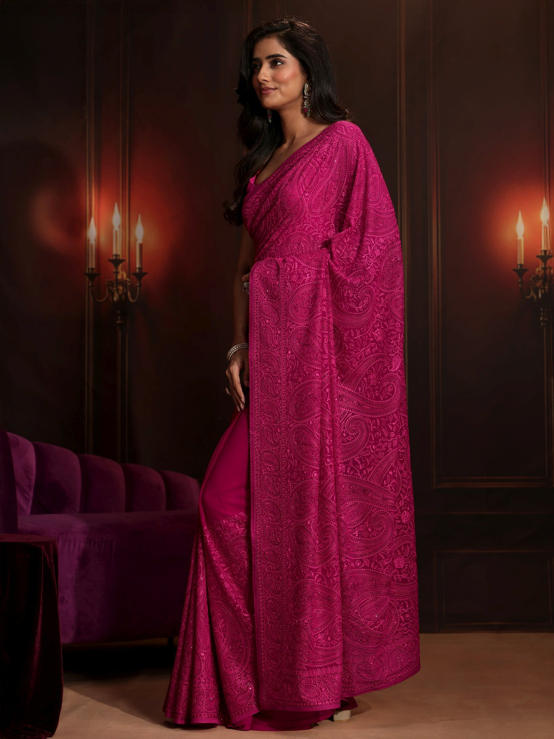 Mameraa Art Rani Pink Paisley Embroidered Georgette Saree