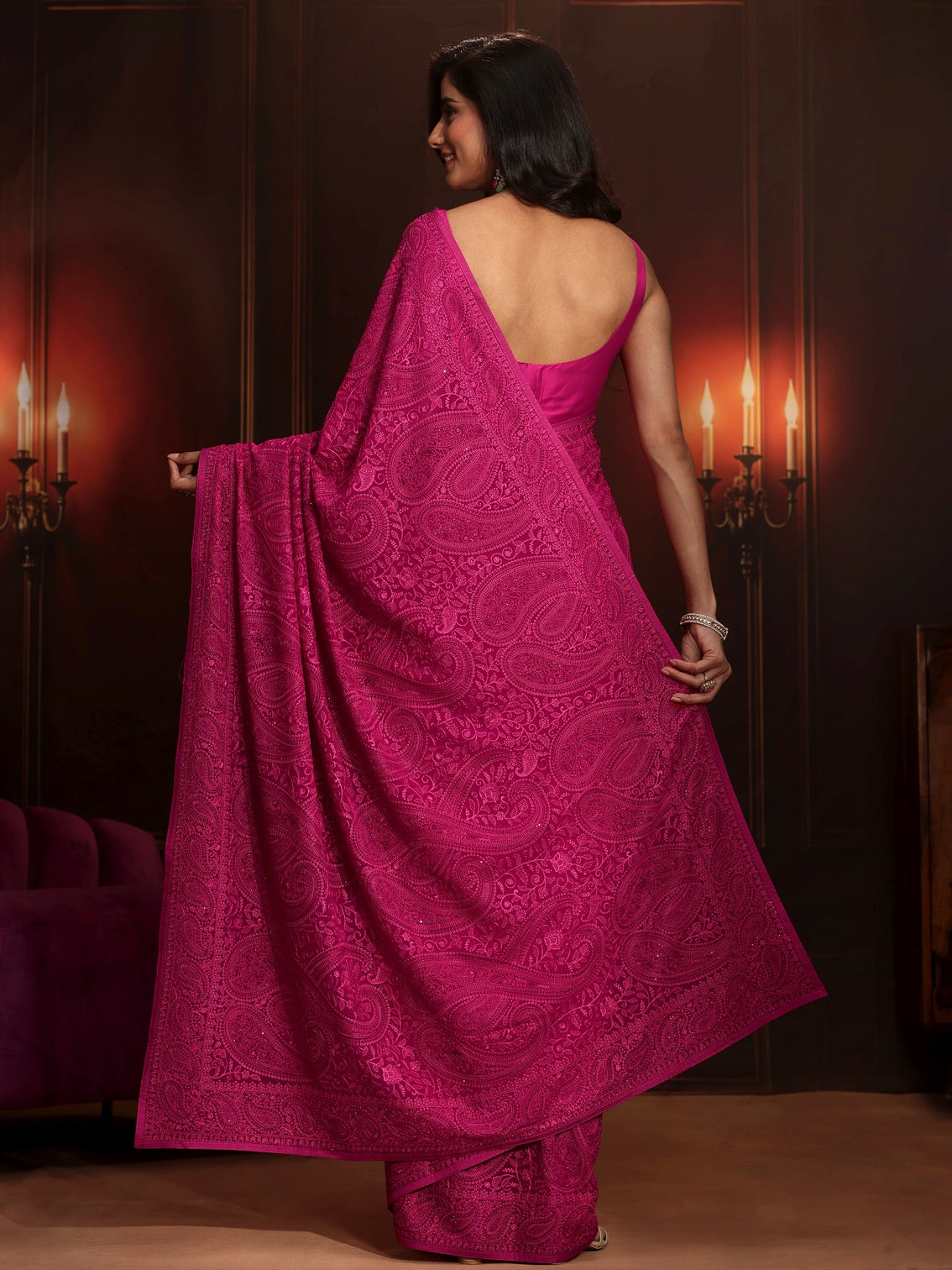 Mameraa Art Rani Pink Paisley Embroidered Georgette Saree