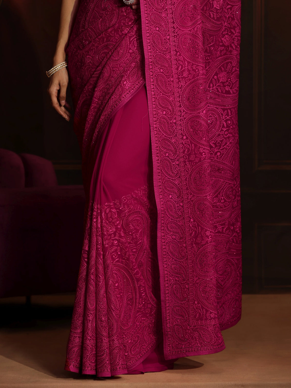 Mameraa Art Rani Pink Paisley Embroidered Georgette Saree