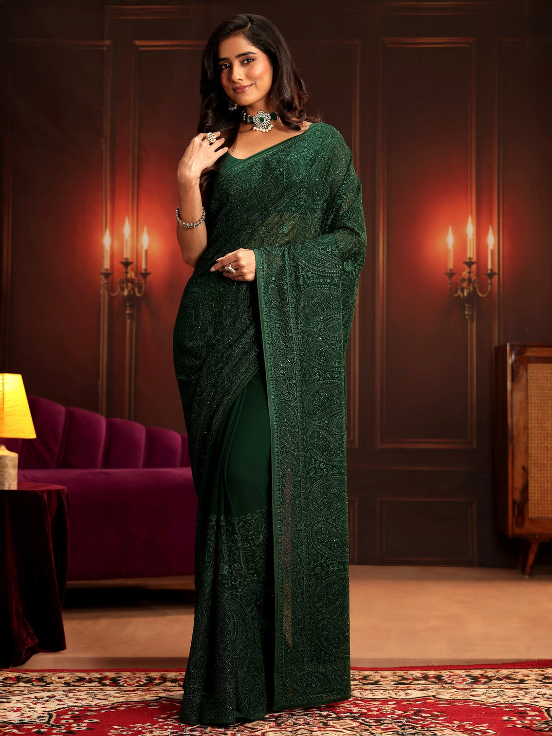 Mameraa Art Bottle Green Paisley Embroidered Georgette Saree