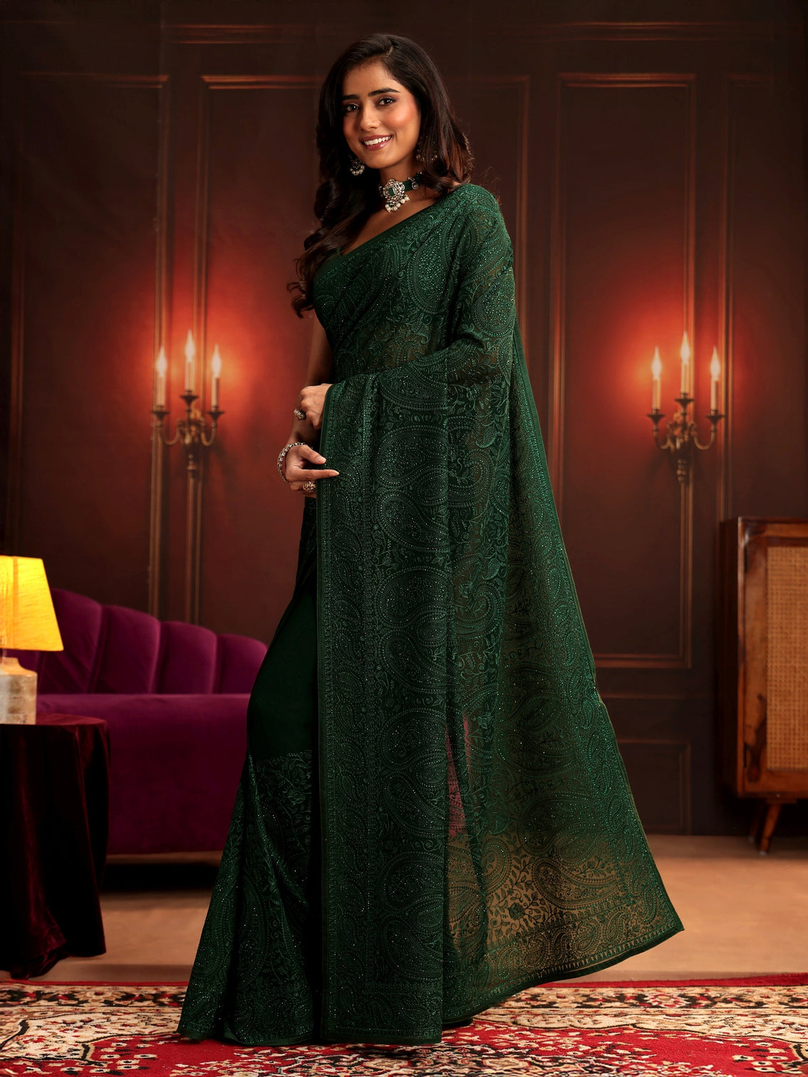 Mameraa Art Bottle Green Paisley Embroidered Georgette Saree