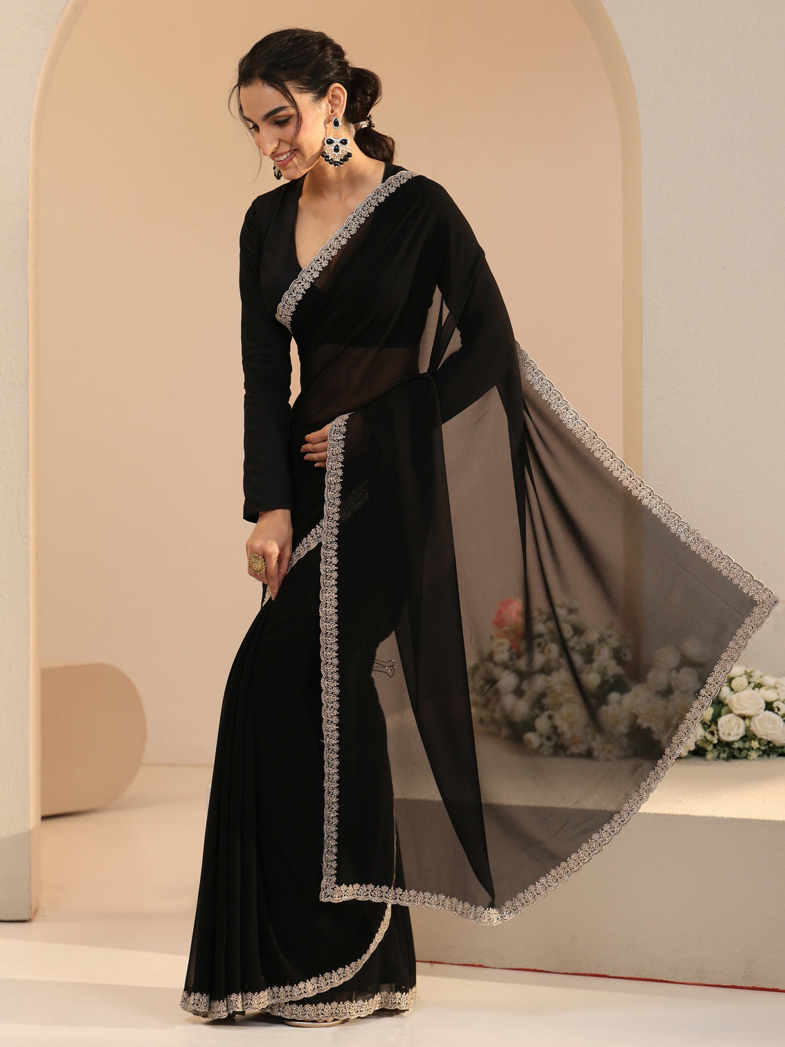 Mameraa Black Georgette Saree with Embroidered Border
