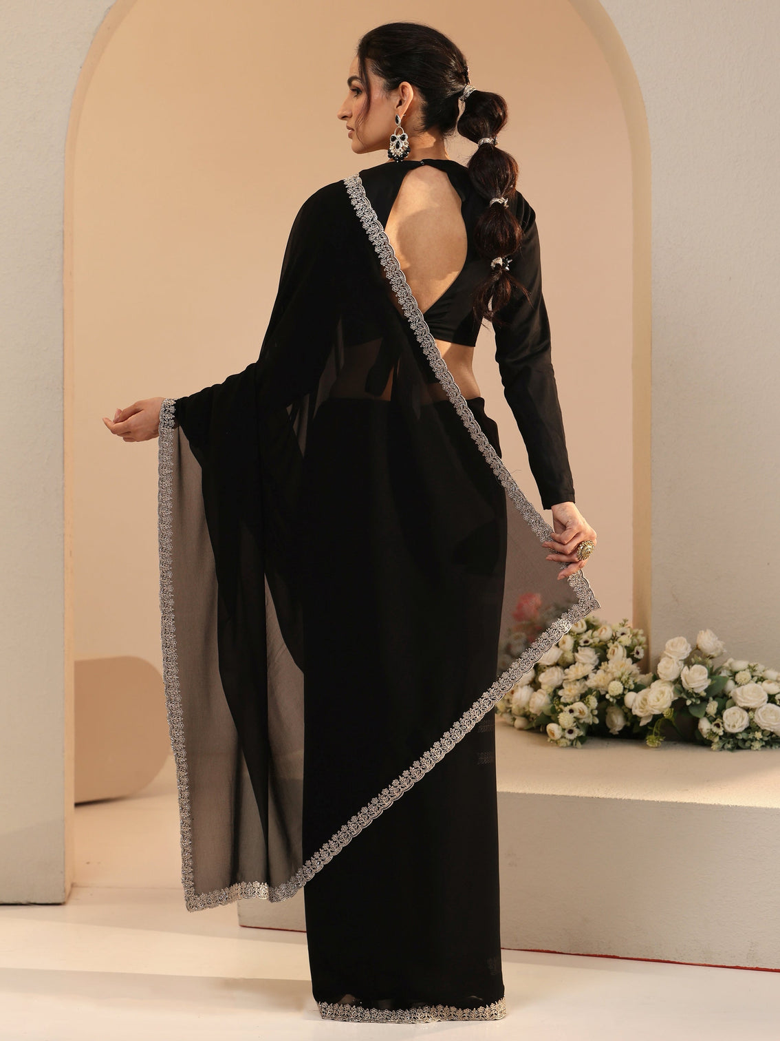 Mameraa Black Georgette Saree with Embroidered Border