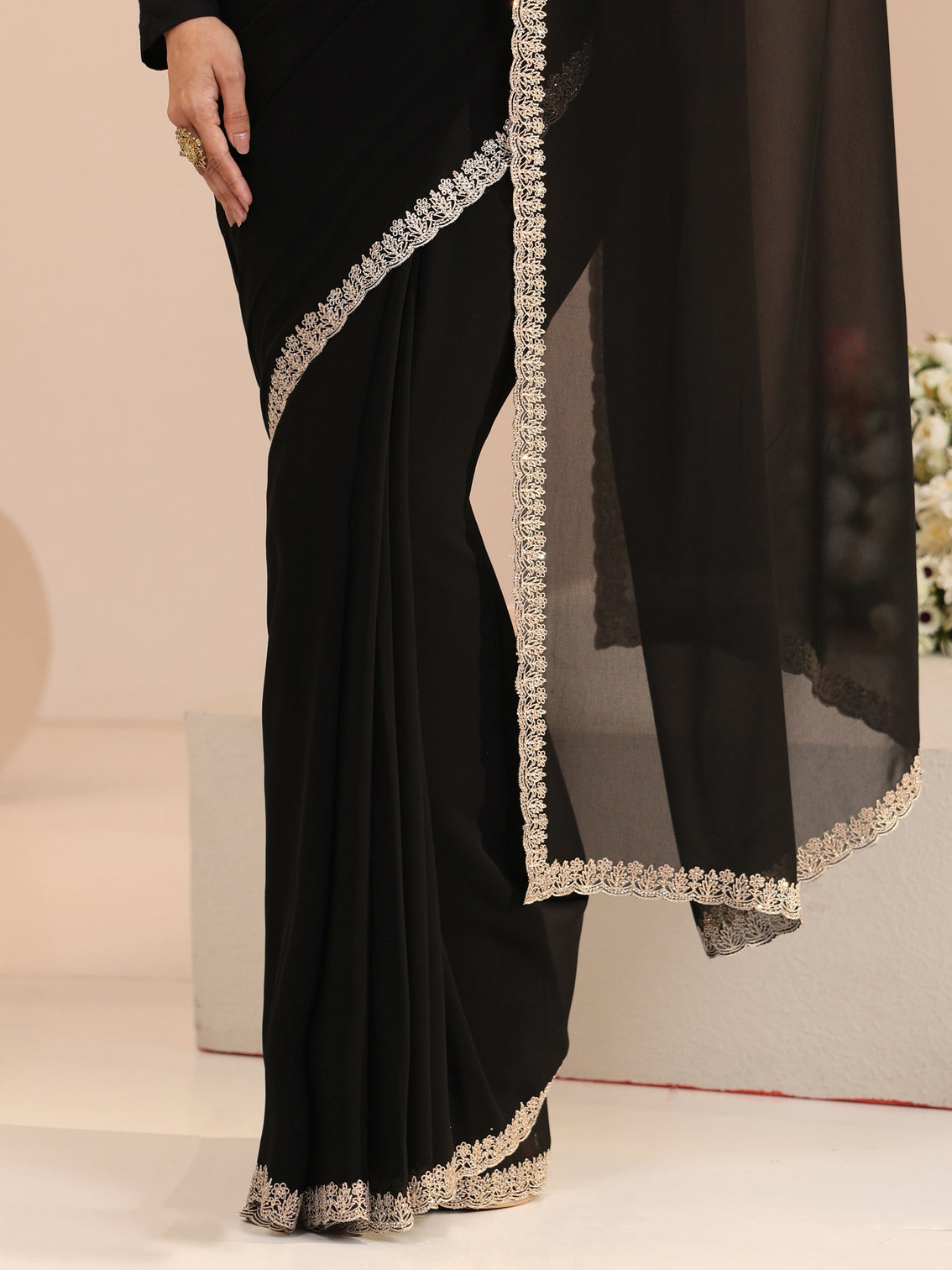 Mameraa Black Georgette Saree with Embroidered Border