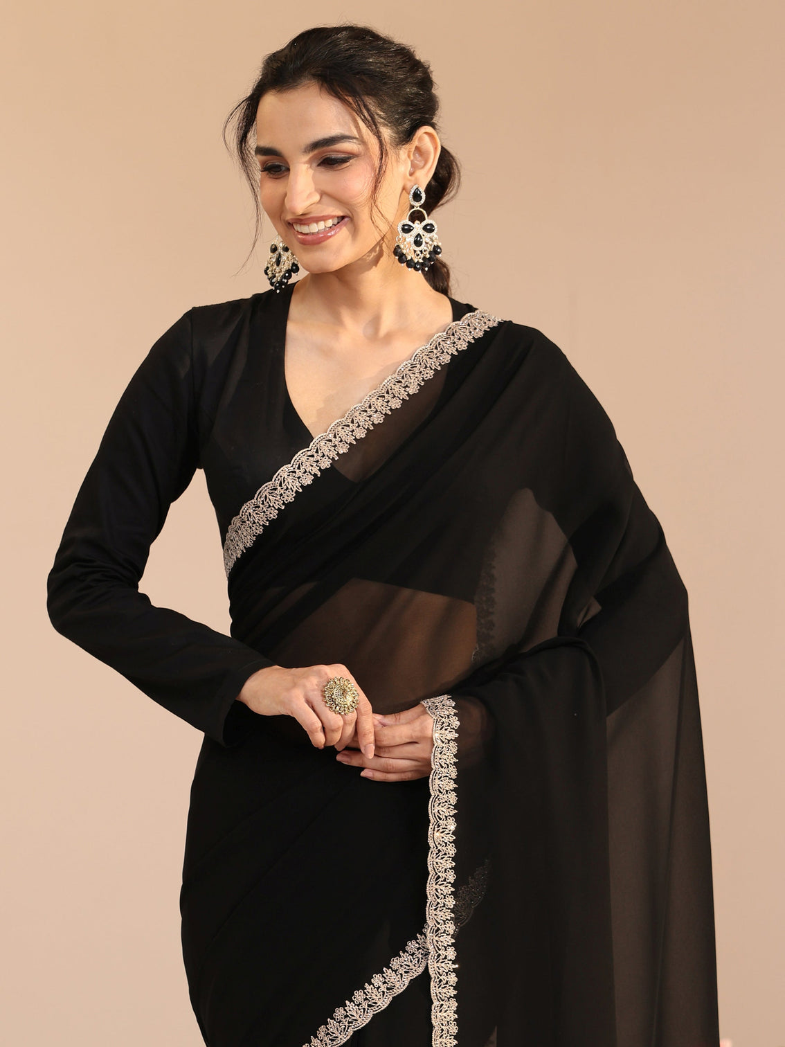 Mameraa Black Georgette Saree with Embroidered Border