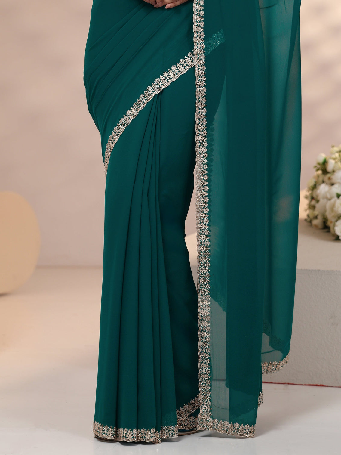 Mameraa Teal Green Georgette Saree with Embroidered Border