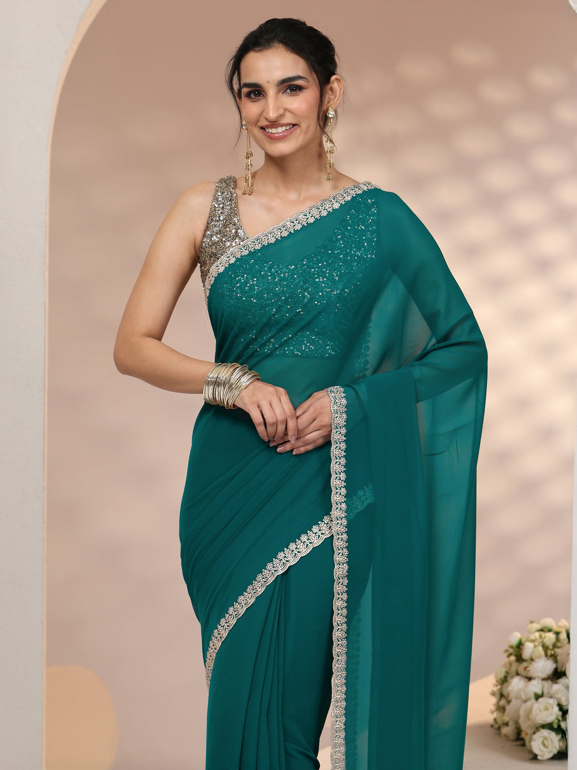 Mameraa Teal Green Georgette Saree with Embroidered Border