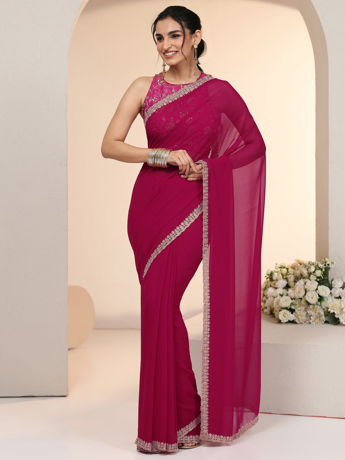 Mameraa Rani Pink Georgette Saree with Embroidered Border