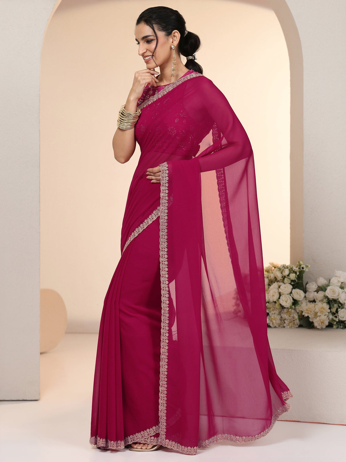 Mameraa Rani Pink Georgette Saree with Embroidered Border