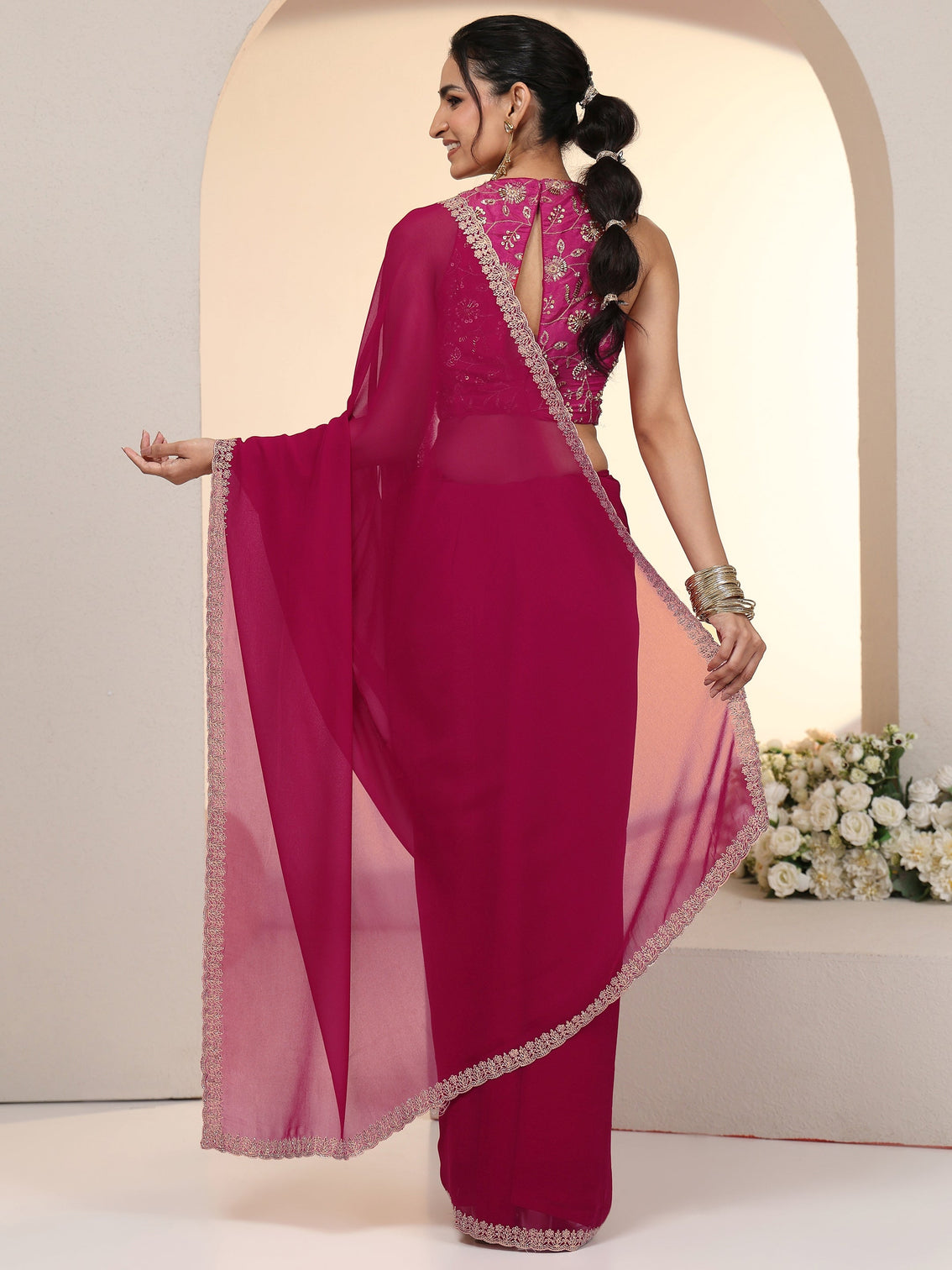 Mameraa Rani Pink Georgette Saree with Embroidered Border