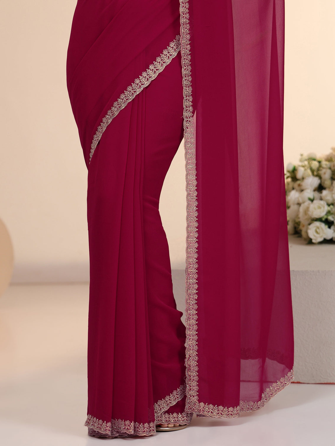 Mameraa Rani Pink Georgette Saree with Embroidered Border