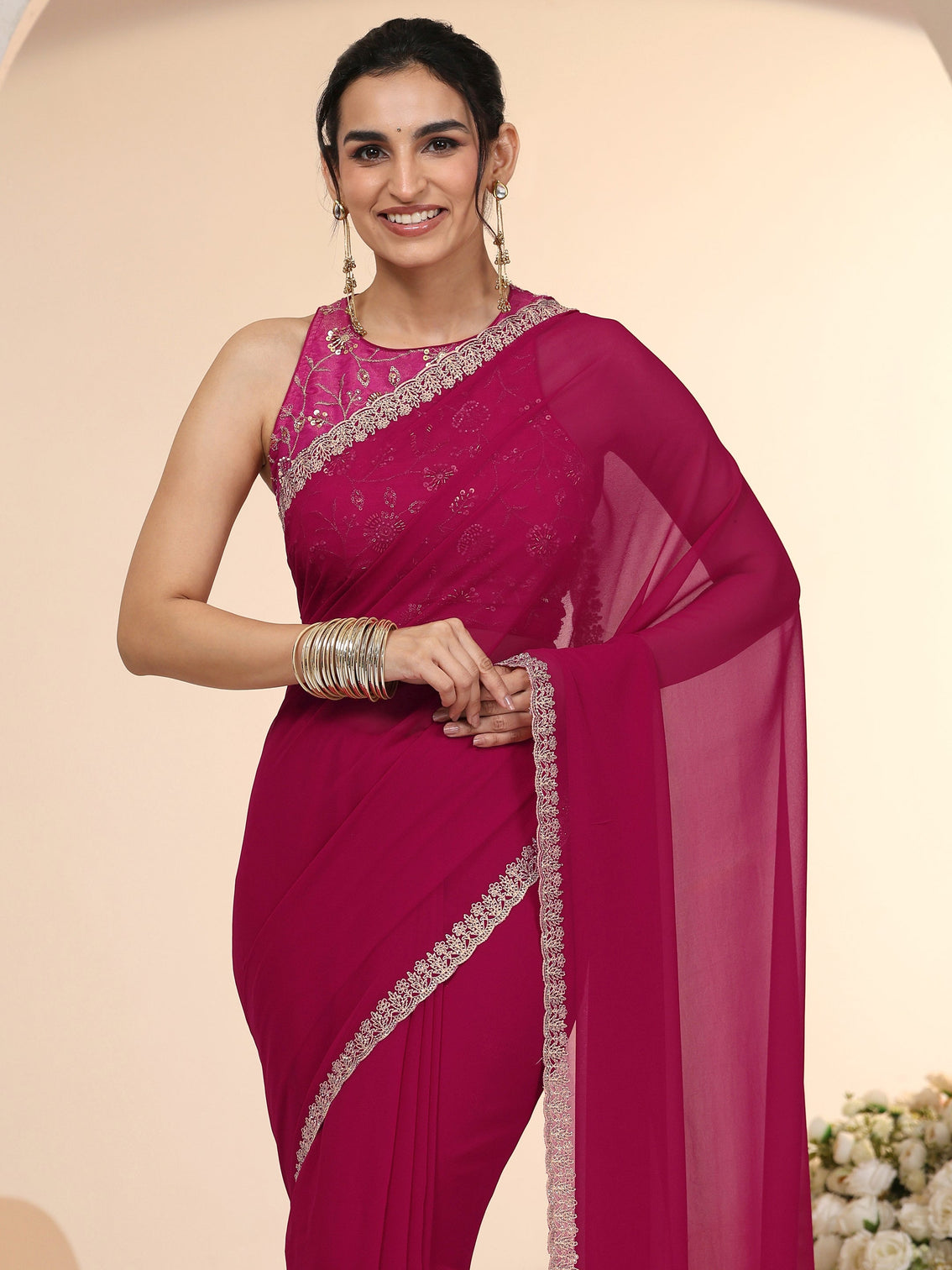 Mameraa Rani Pink Georgette Saree with Embroidered Border