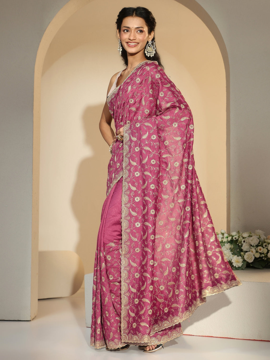 Mameraa Mauve Floral Embroidered Silk Blend Saree