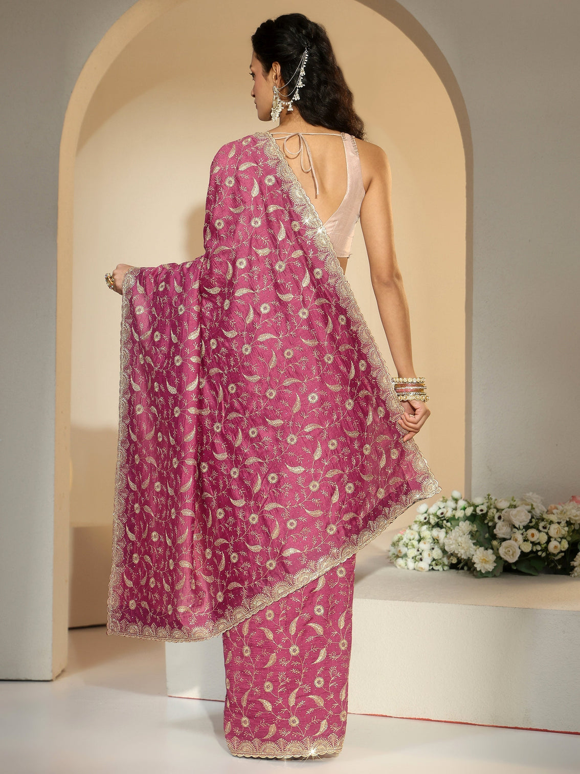 Mameraa Mauve Floral Embroidered Silk Blend Saree