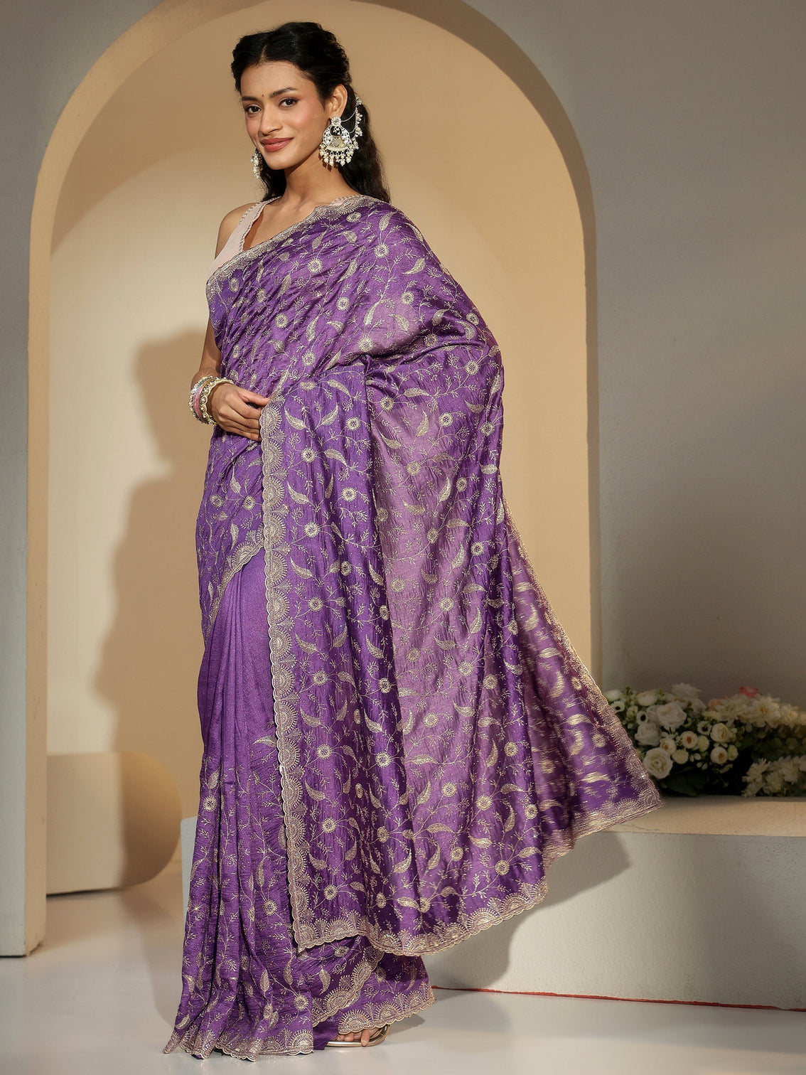 Mameraa Purple Floral Embroidered Silk Blend Saree
