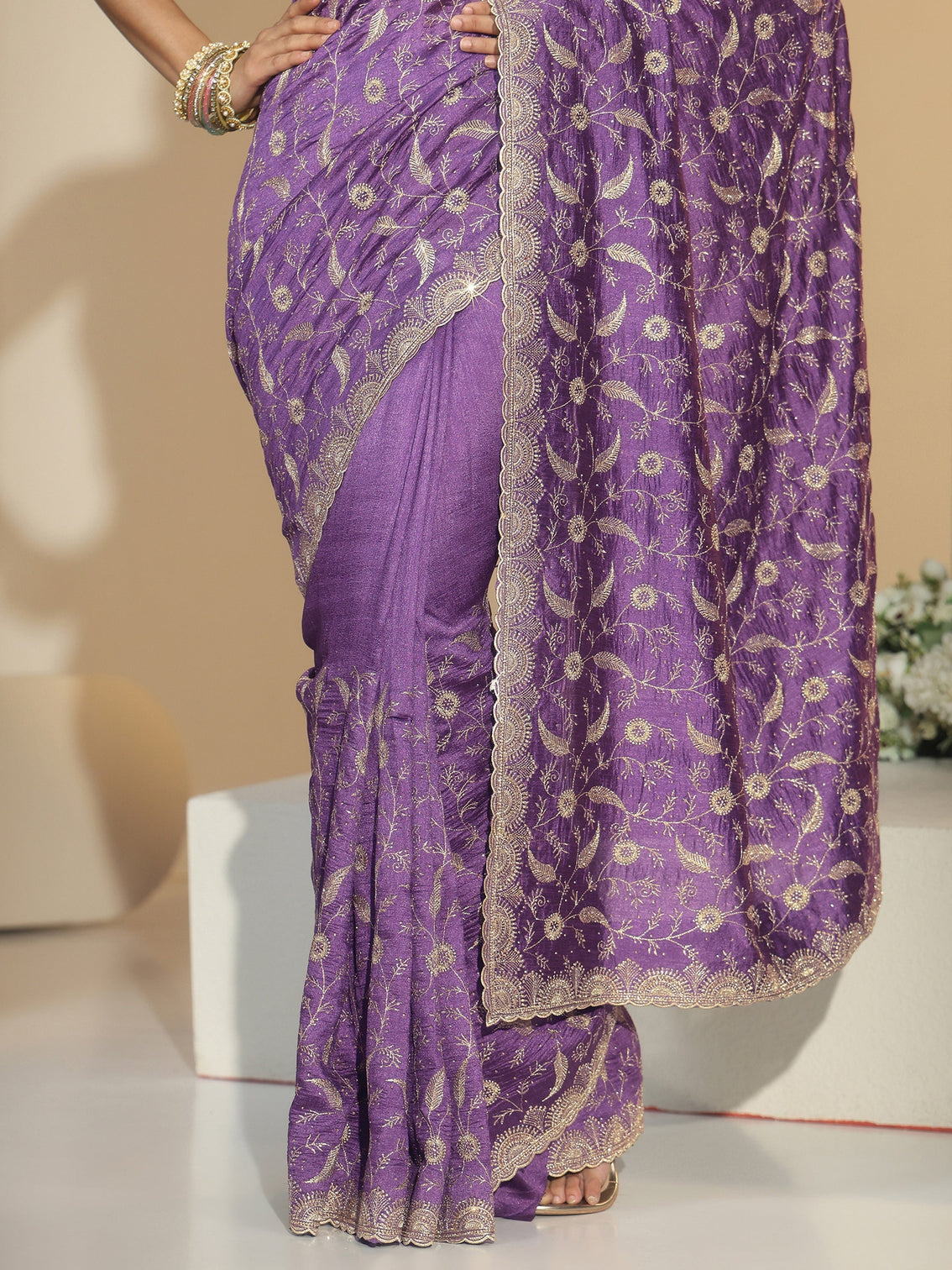 Mameraa Purple Floral Embroidered Silk Blend Saree