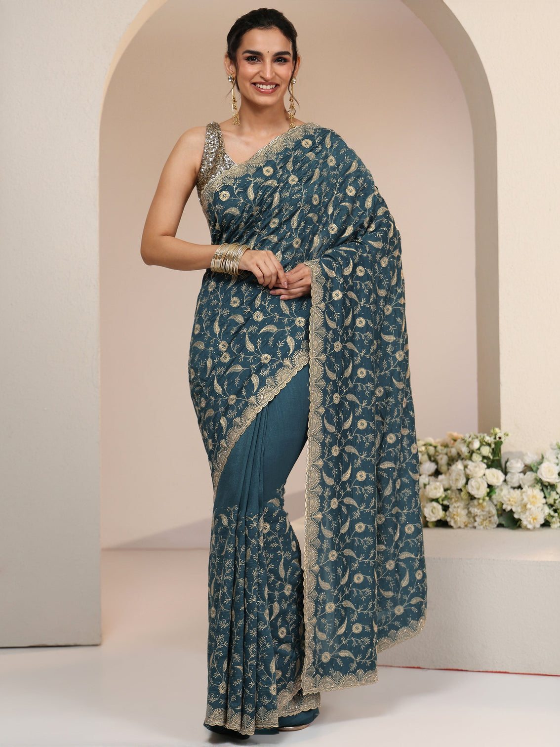 Mameraa Teal Green Floral Embroidered Silk Blend Saree