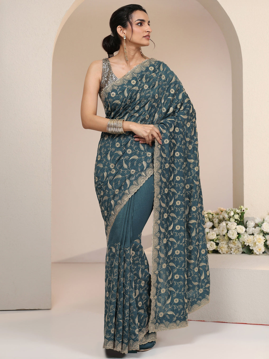 Mameraa Teal Green Floral Embroidered Silk Blend Saree
