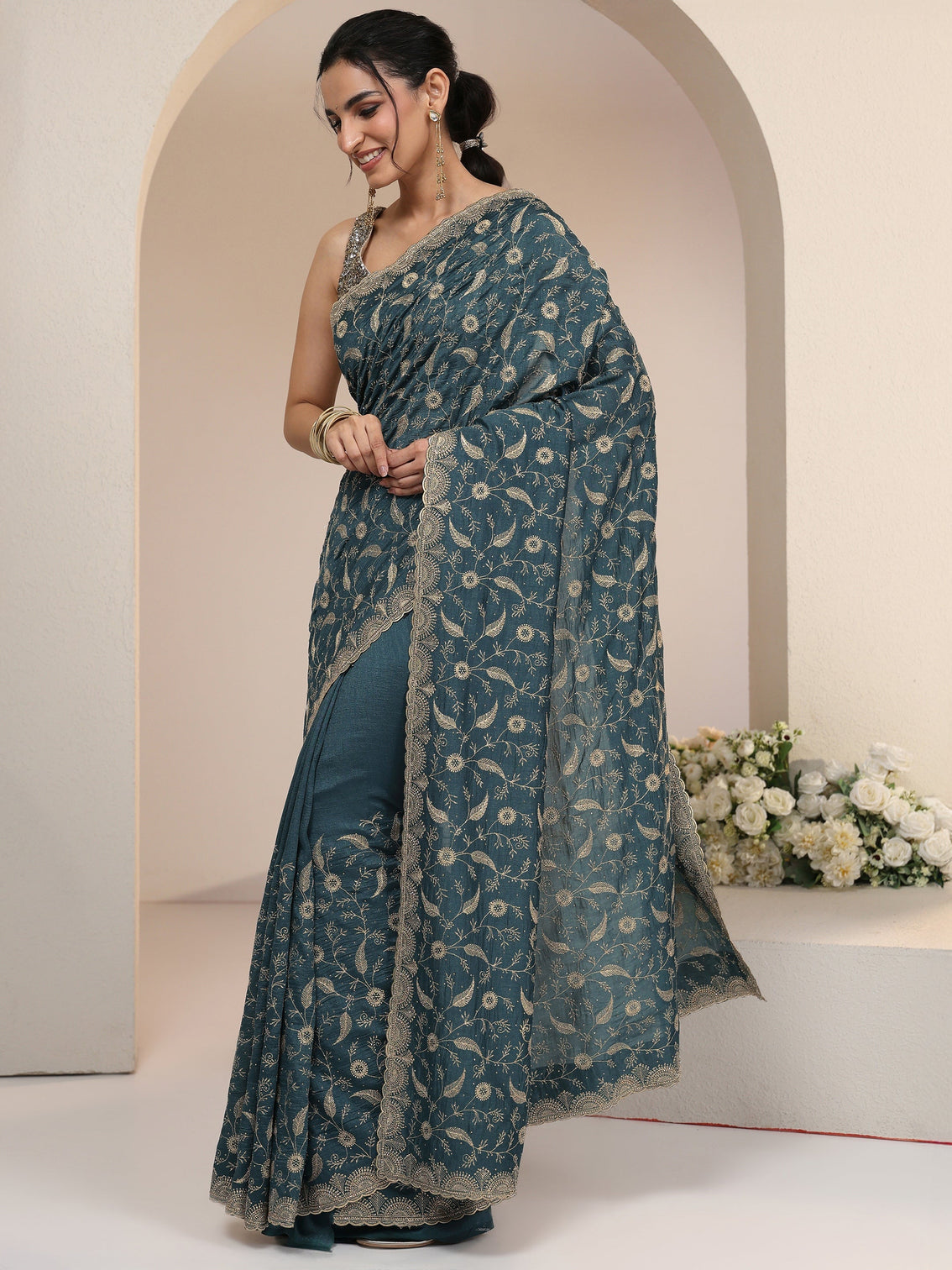 Mameraa Teal Green Floral Embroidered Silk Blend Saree