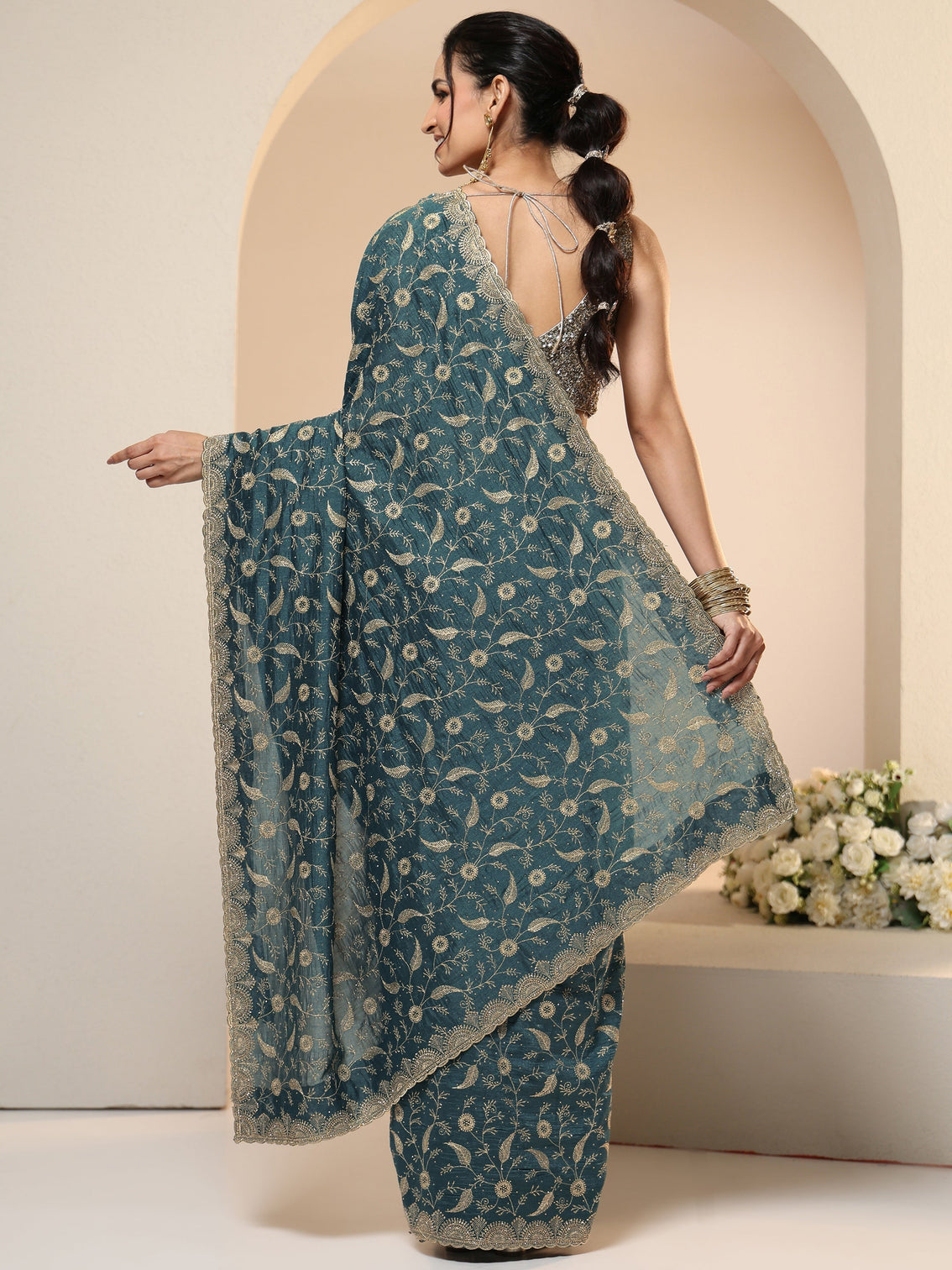 Mameraa Teal Green Floral Embroidered Silk Blend Saree