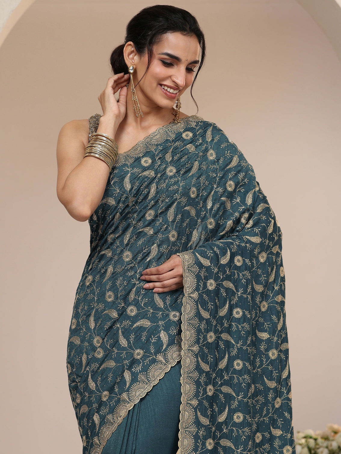 Mameraa Teal Green Floral Embroidered Silk Blend Saree