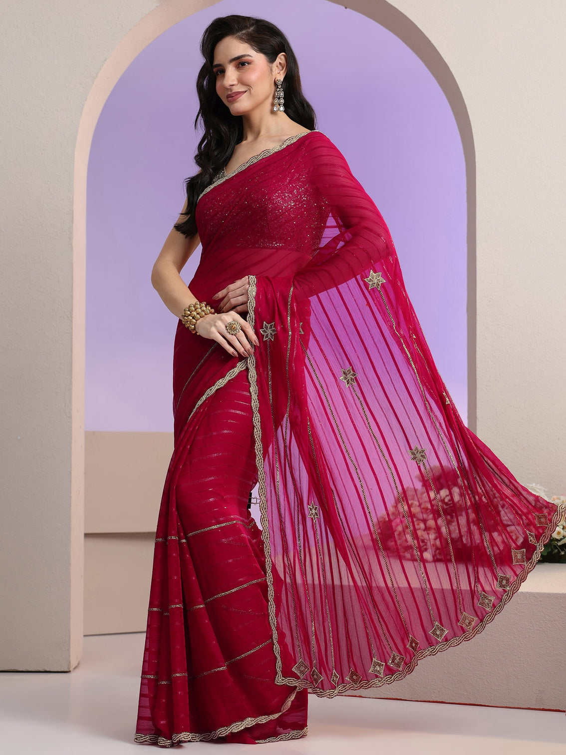 Mameraa Rani Pink Striped Embellished Chiffon Saree