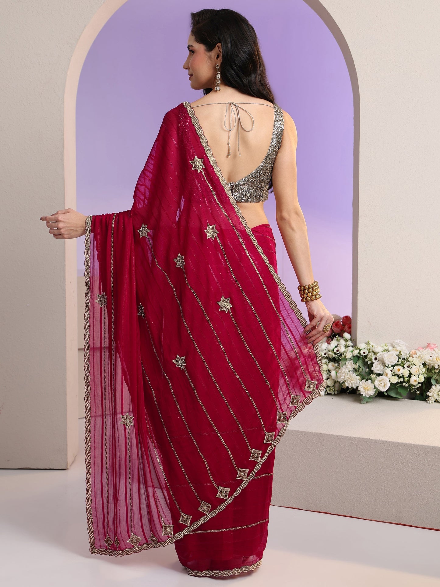 Libas Rani Pink Striped Embellished Chiffon Saree