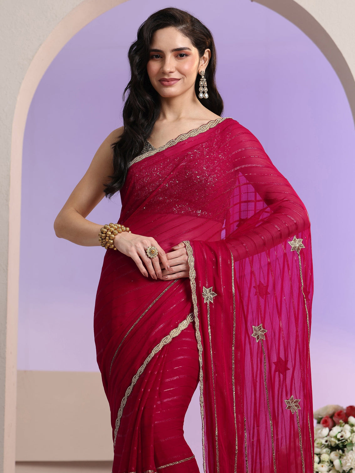 Mameraa Rani Pink Striped Embellished Chiffon Saree