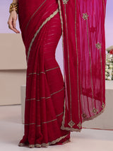 Libas Rani Pink Striped Embellished Chiffon Saree
