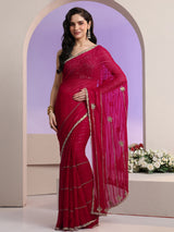 Libas Rani Pink Striped Embellished Chiffon Saree