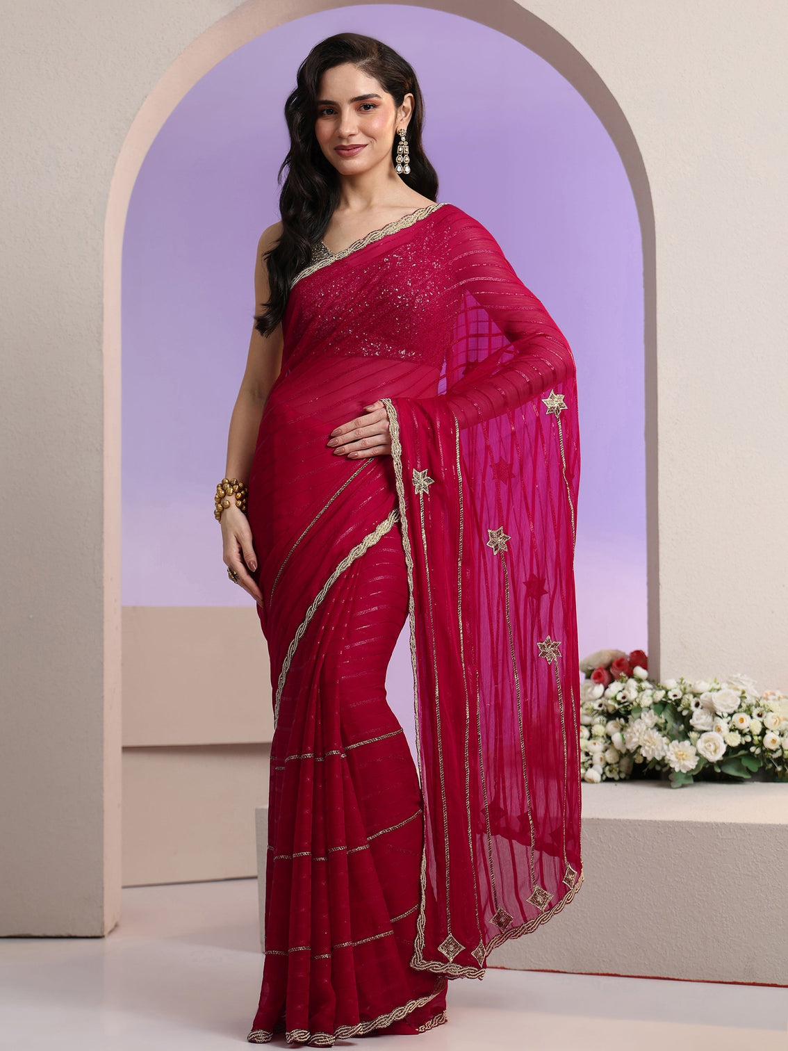 Mameraa Rani Pink Striped Embellished Chiffon Saree