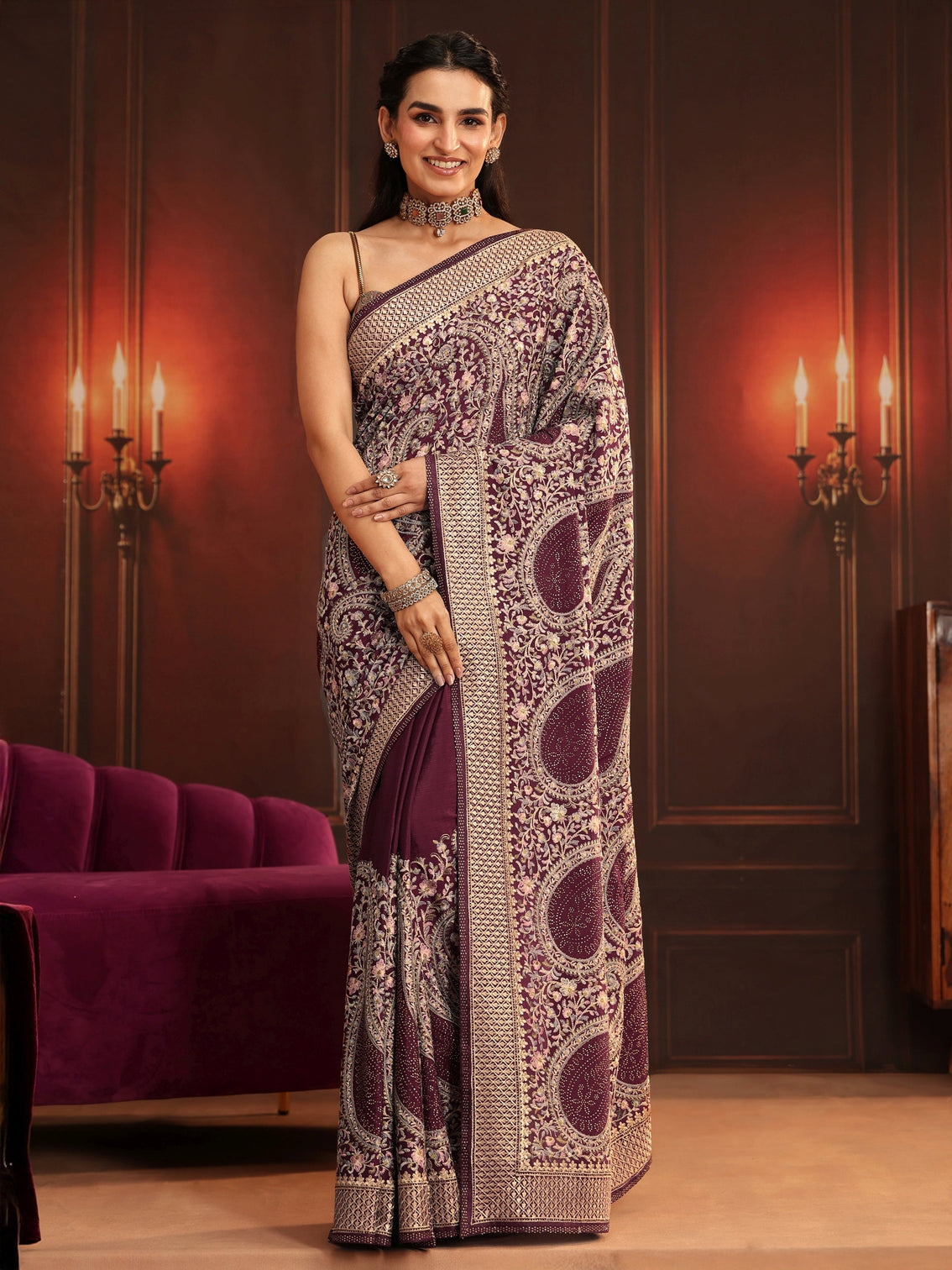 Mameraa Art Dusty Maroon Paisley Embroidered Georgette Saree