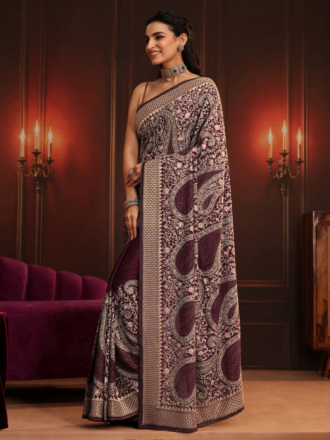 Mameraa Art Dusty Maroon Paisley Embroidered Georgette Saree