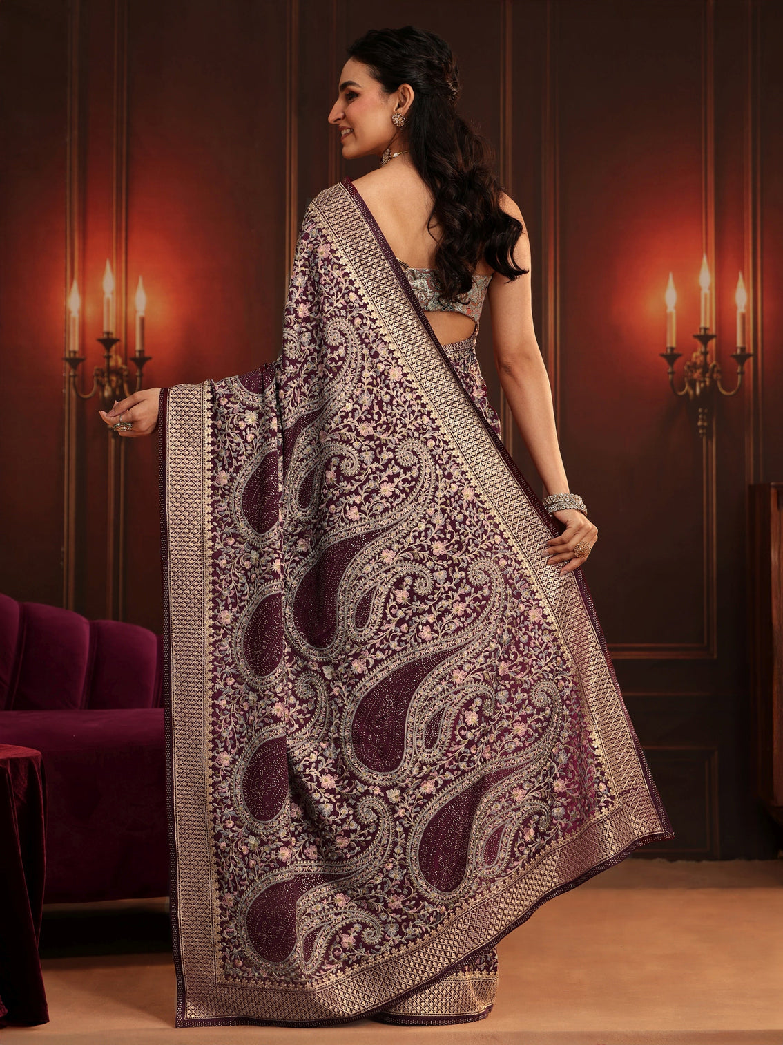 Mameraa Art Dusty Maroon Paisley Embroidered Georgette Saree