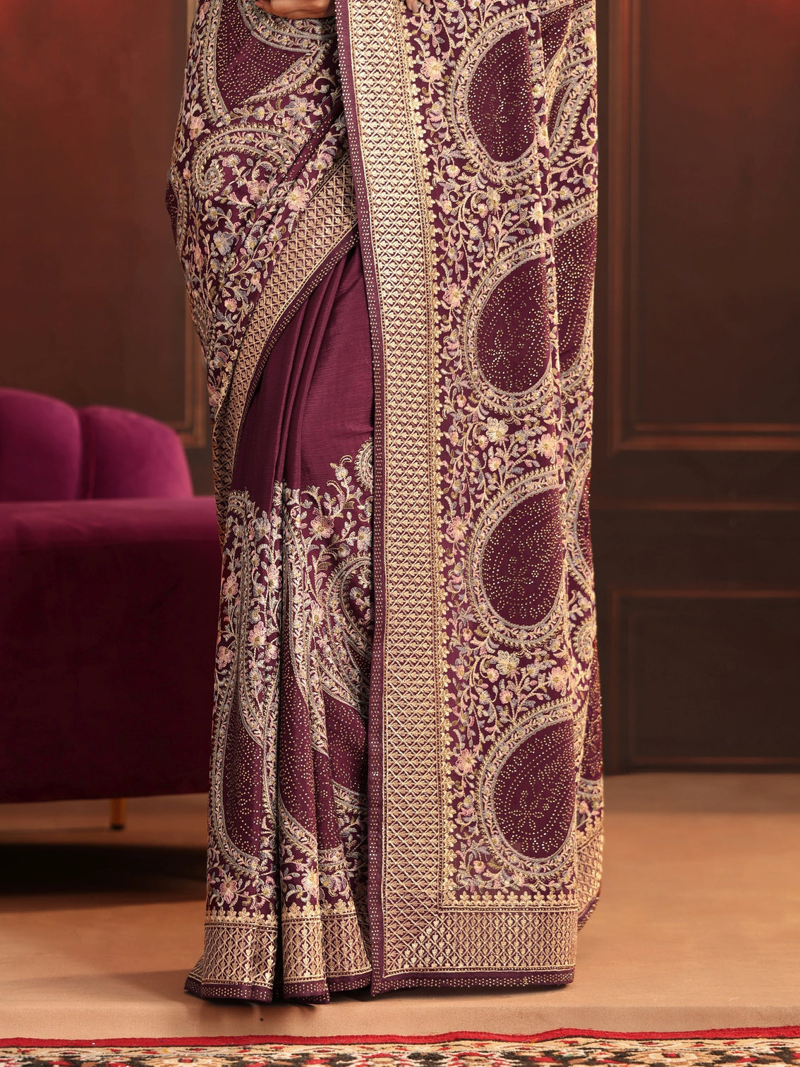 Mameraa Art Dusty Maroon Paisley Embroidered Georgette Saree
