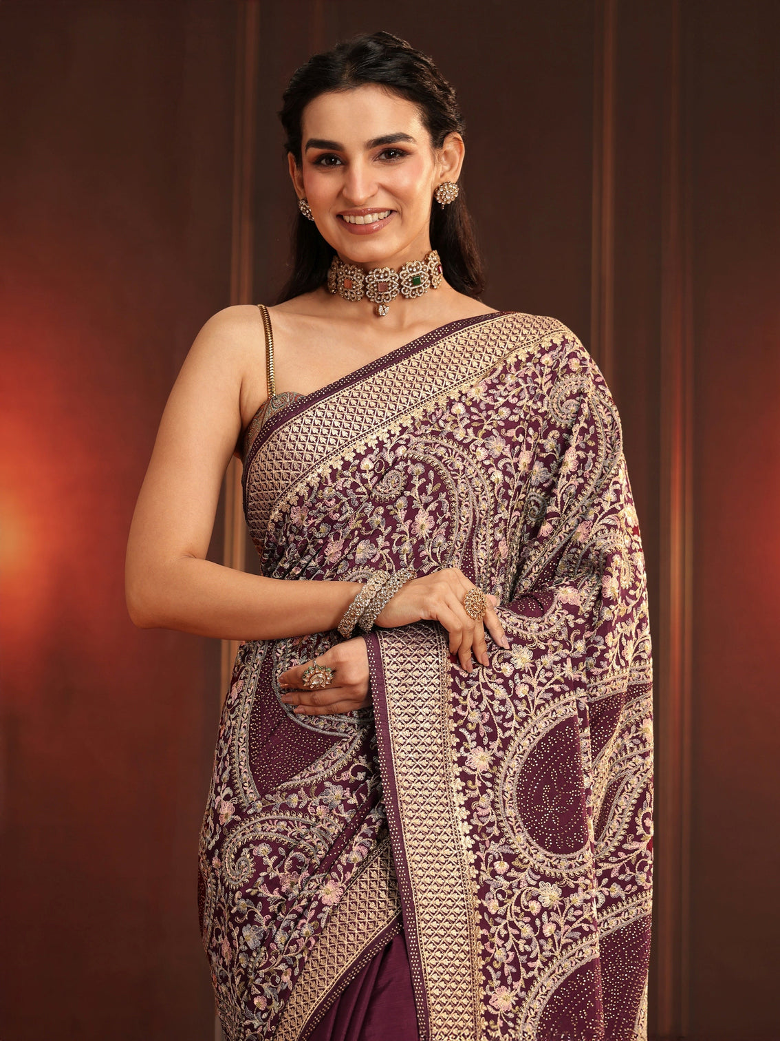 Mameraa Art Dusty Maroon Paisley Embroidered Georgette Saree