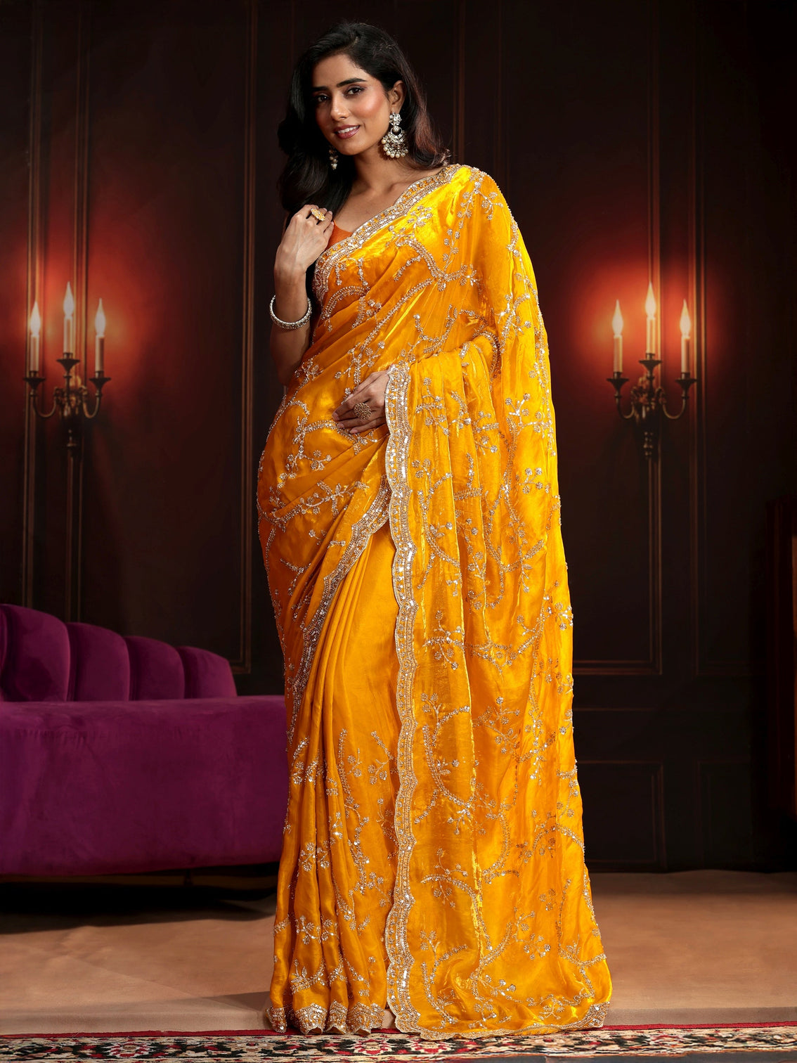 Mameraa Art Bright Mustard Embellished Tissue Saree