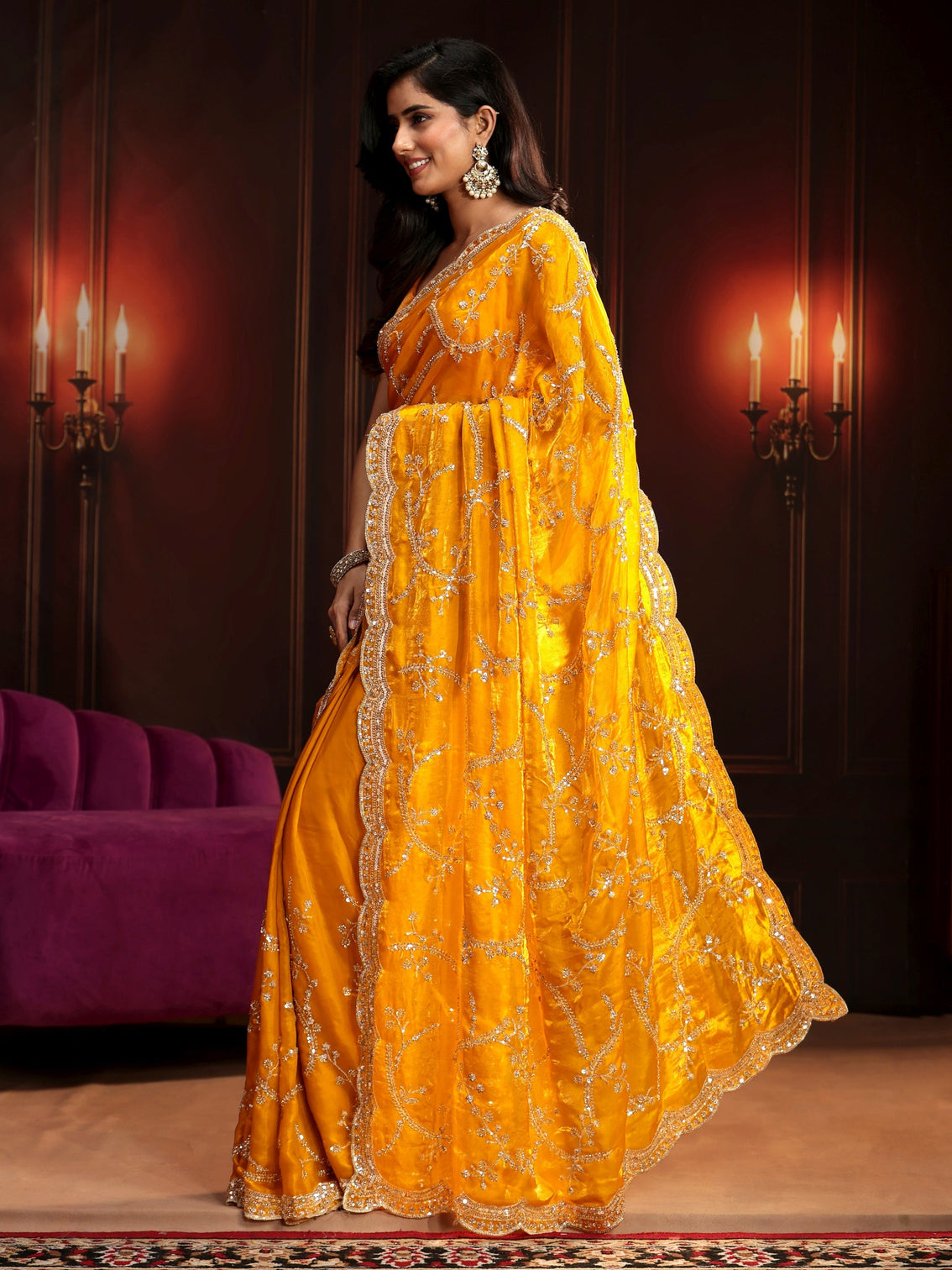 Mameraa Art Bright Mustard Embellished Tissue Saree