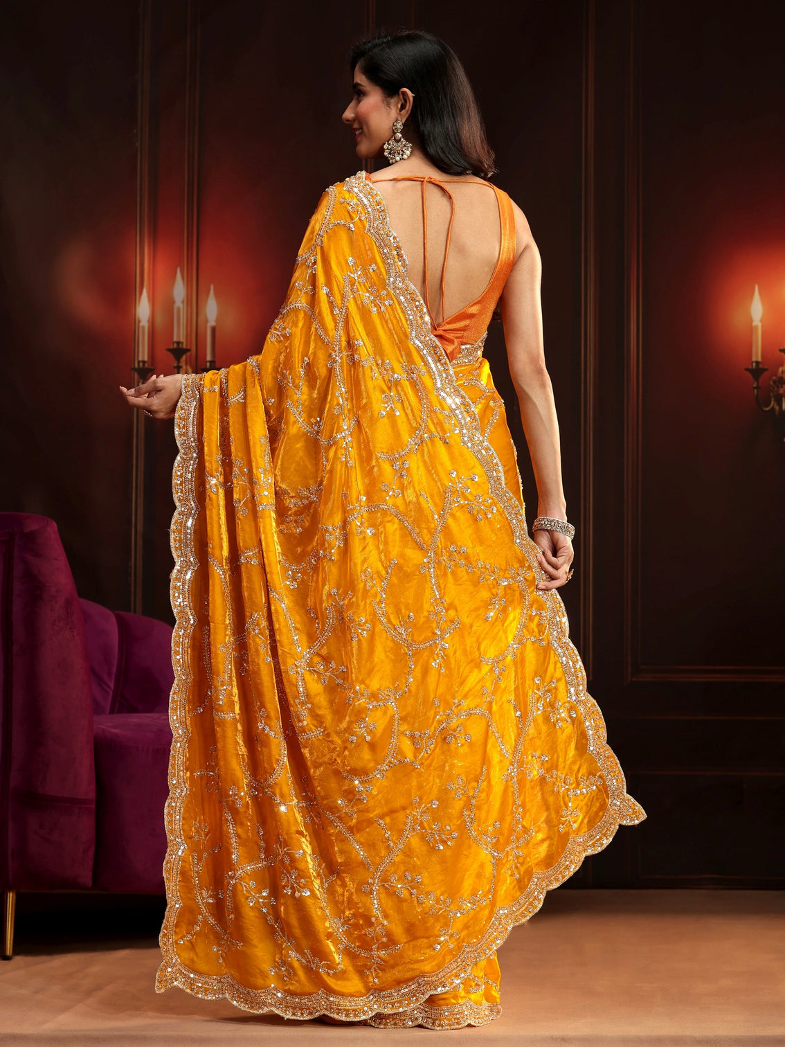 Mameraa Art Bright Mustard Embellished Tissue Saree