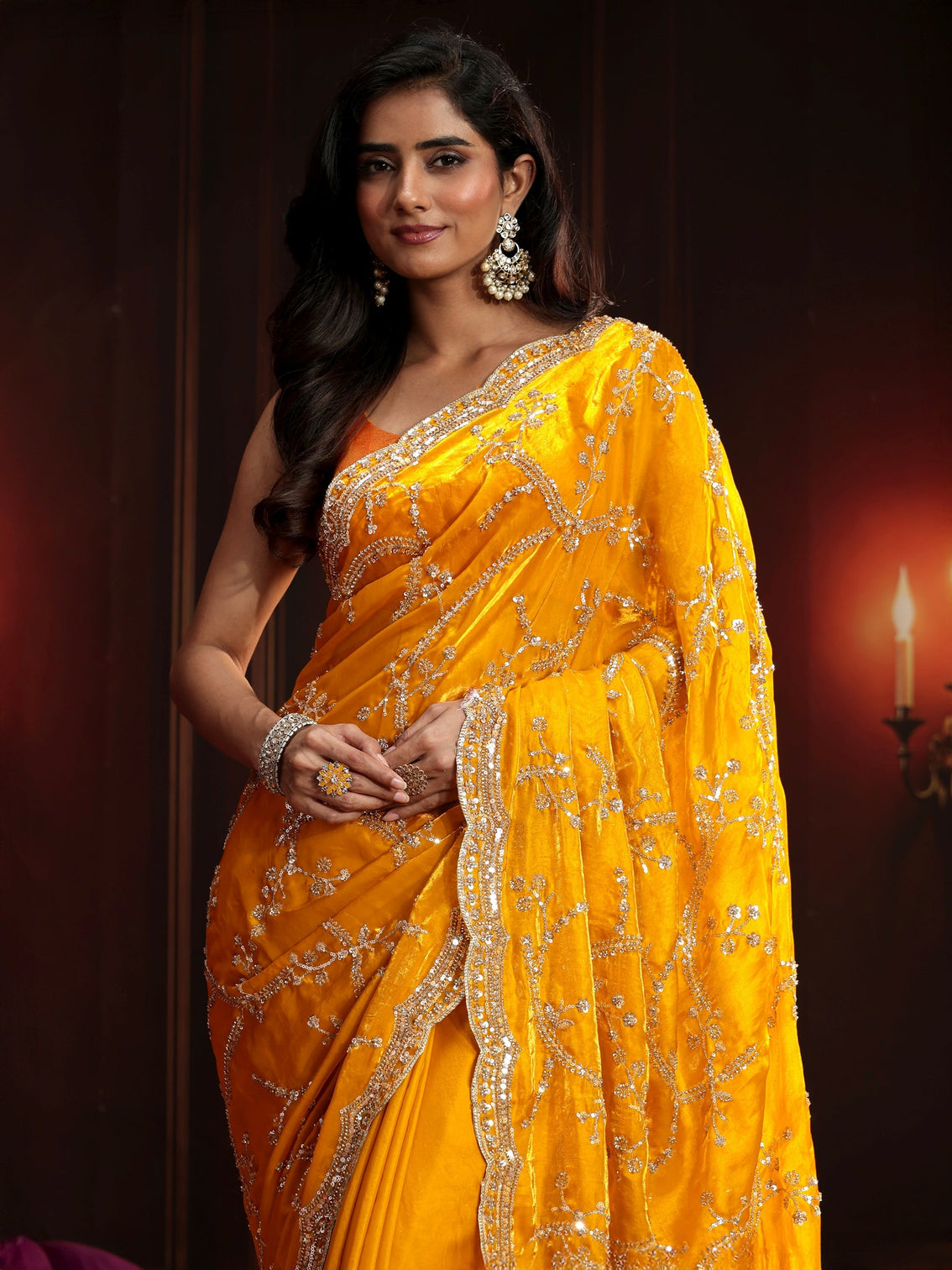 Mameraa Art Bright Mustard Embellished Tissue Saree