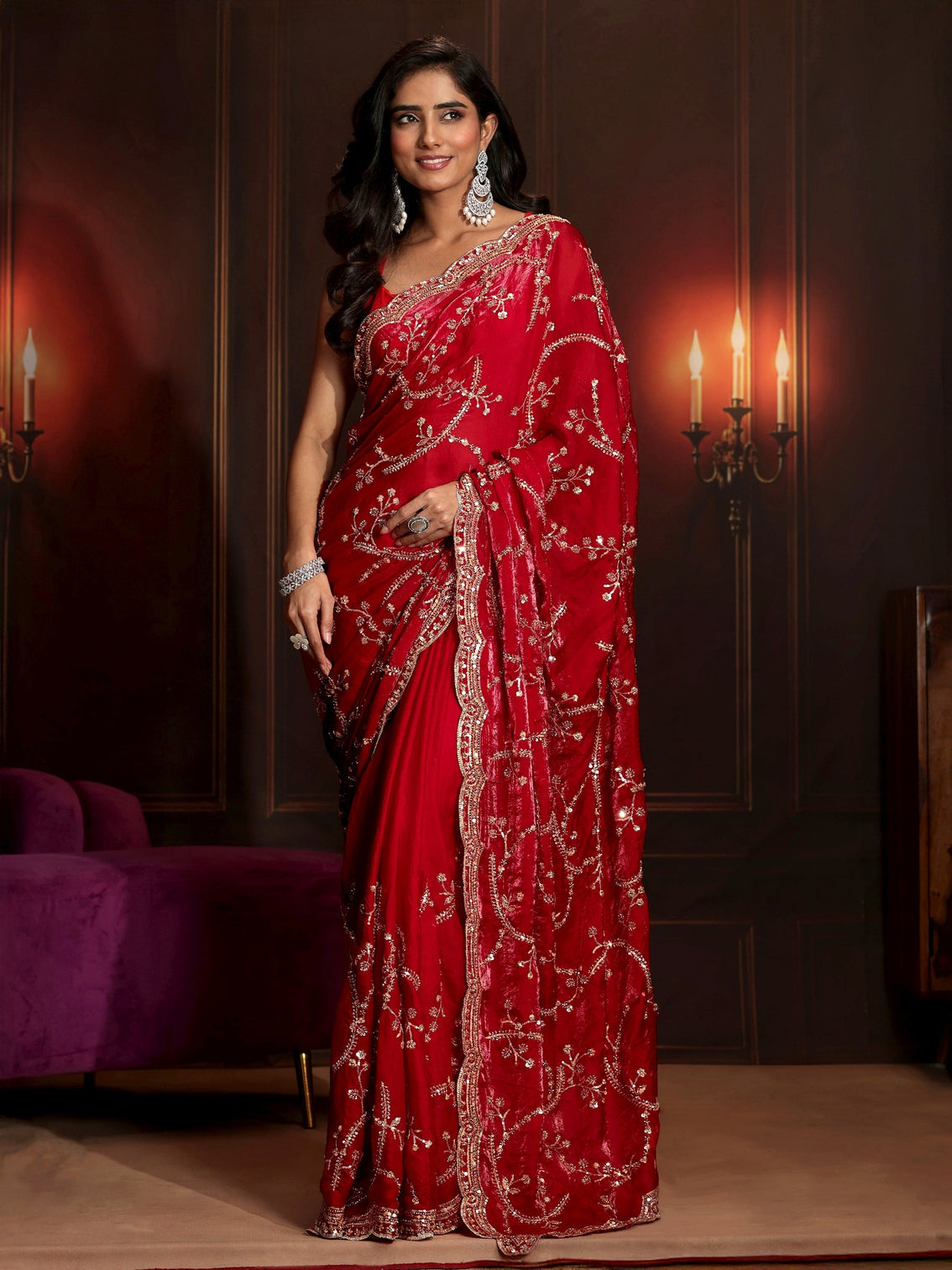 Mameraa Art Raspberry Pink Embellished Tissue Saree