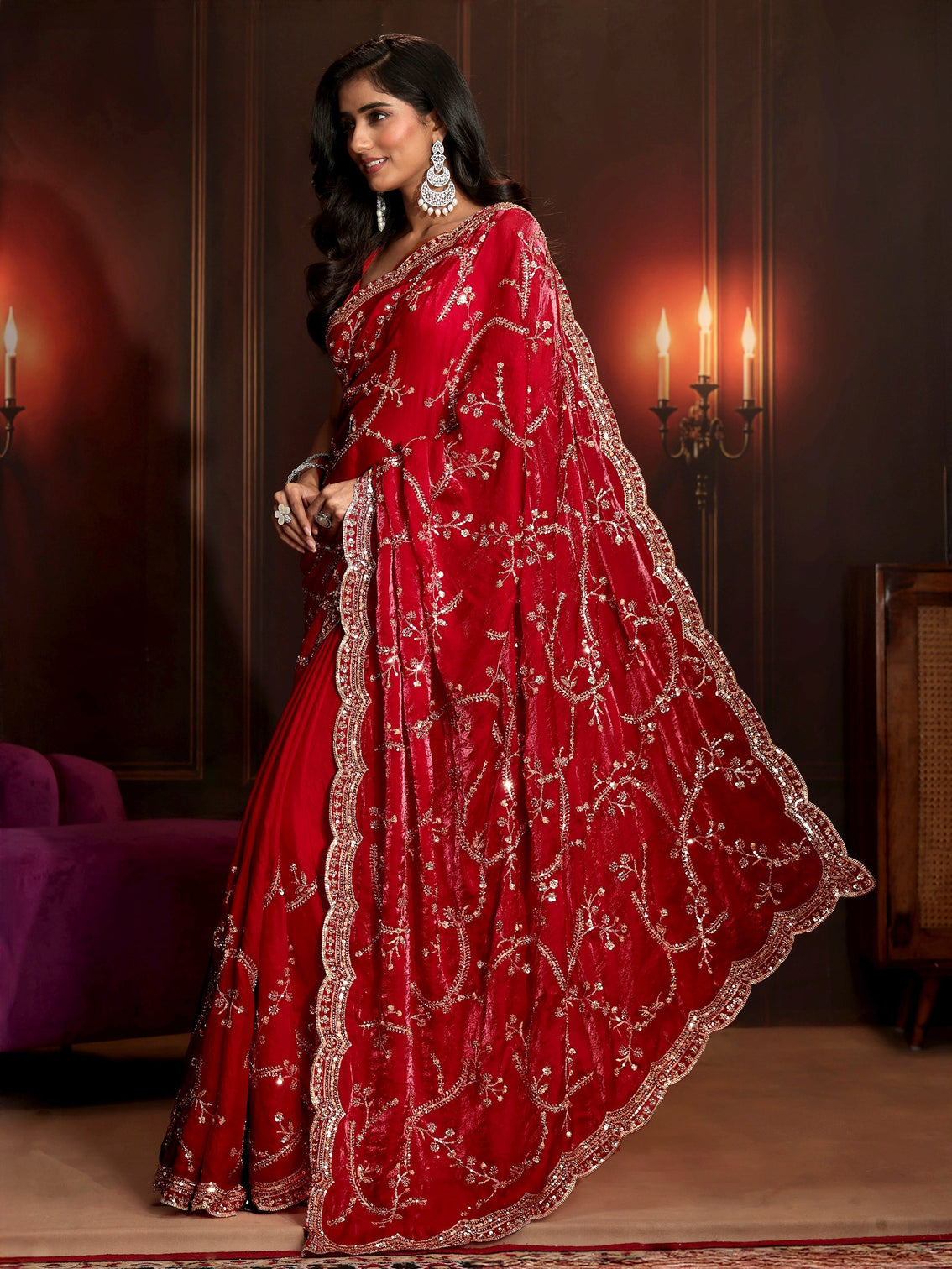 Mameraa Art Raspberry Pink Embellished Tissue Saree