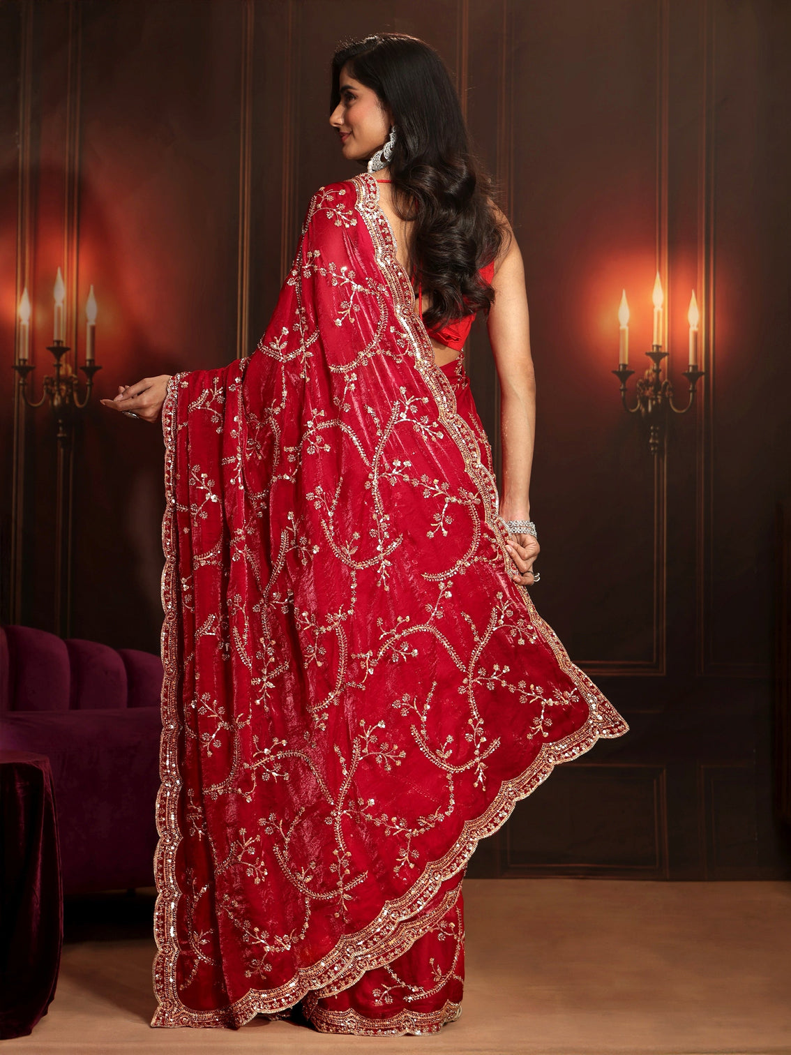 Mameraa Art Raspberry Pink Embellished Tissue Saree