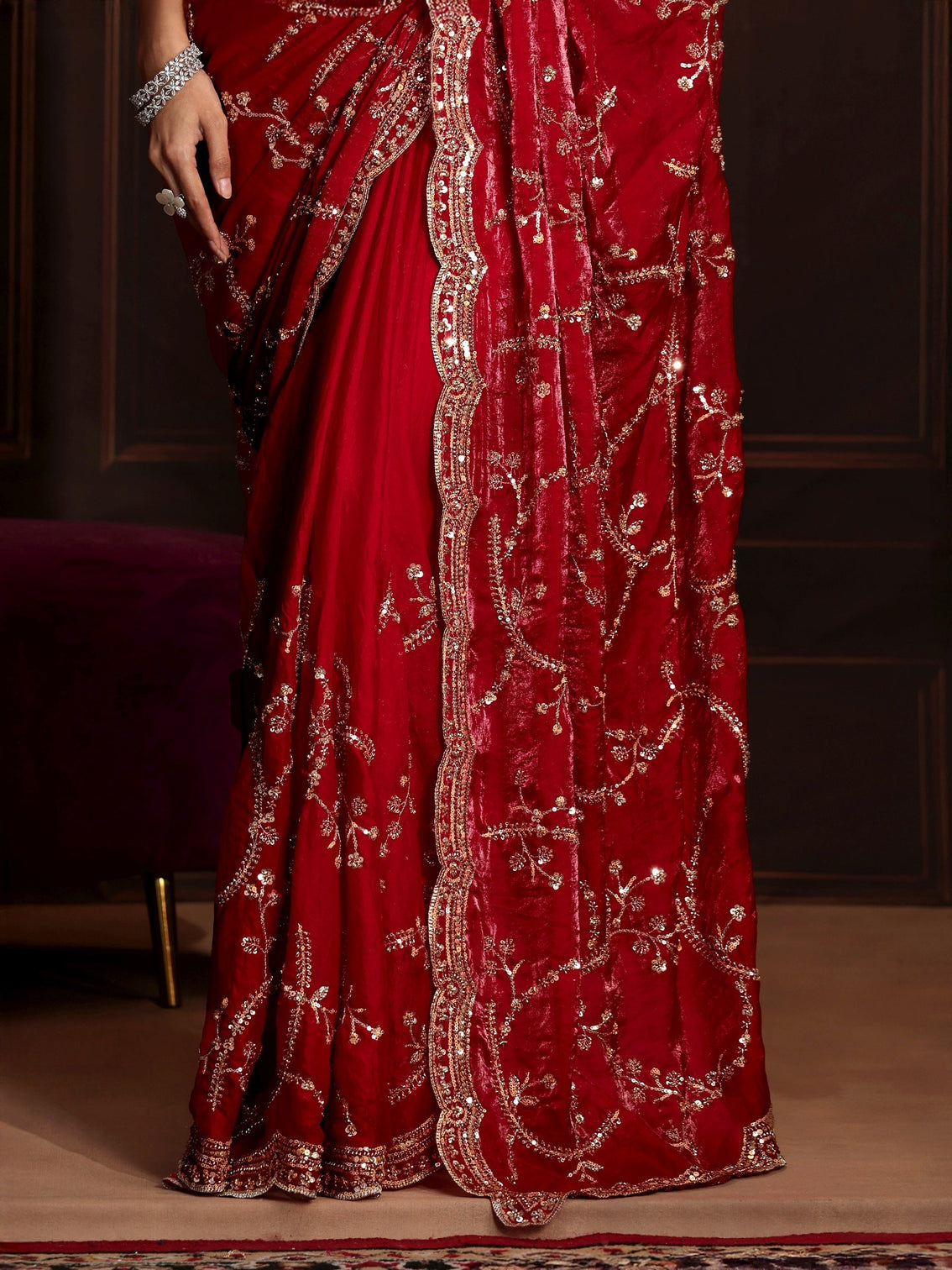 Mameraa Art Raspberry Pink Embellished Tissue Saree