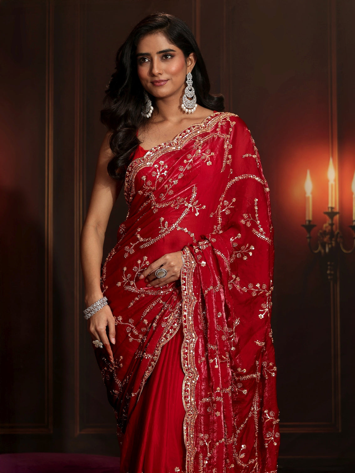 Mameraa Art Raspberry Pink Embellished Tissue Saree