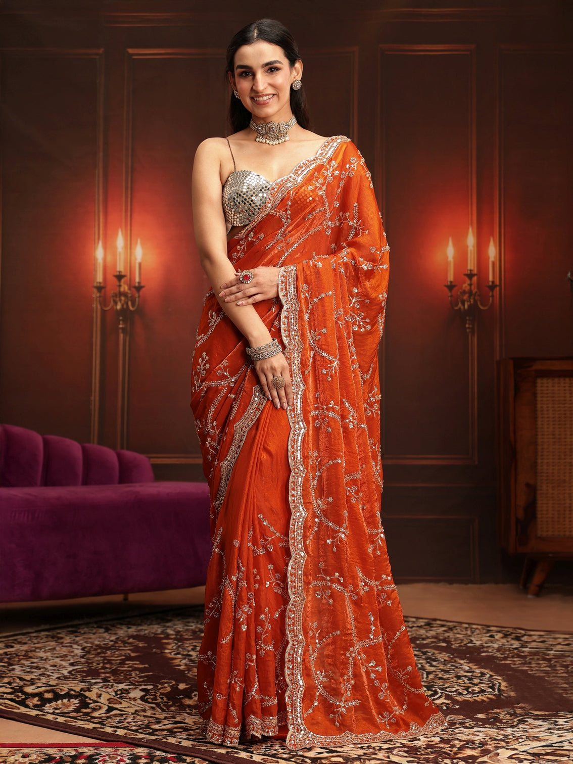 Mameraa Art Orange Embellished Tissue Saree