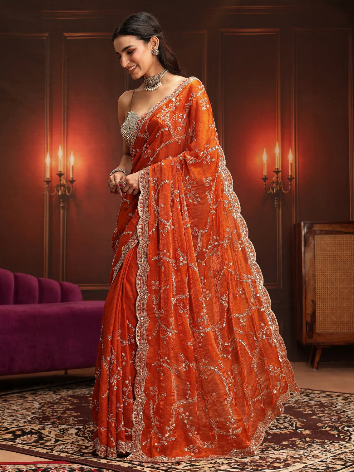 Mameraa Art Orange Embellished Tissue Saree