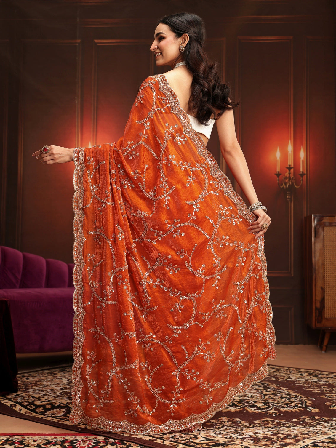 Mameraa Art Orange Embellished Tissue Saree
